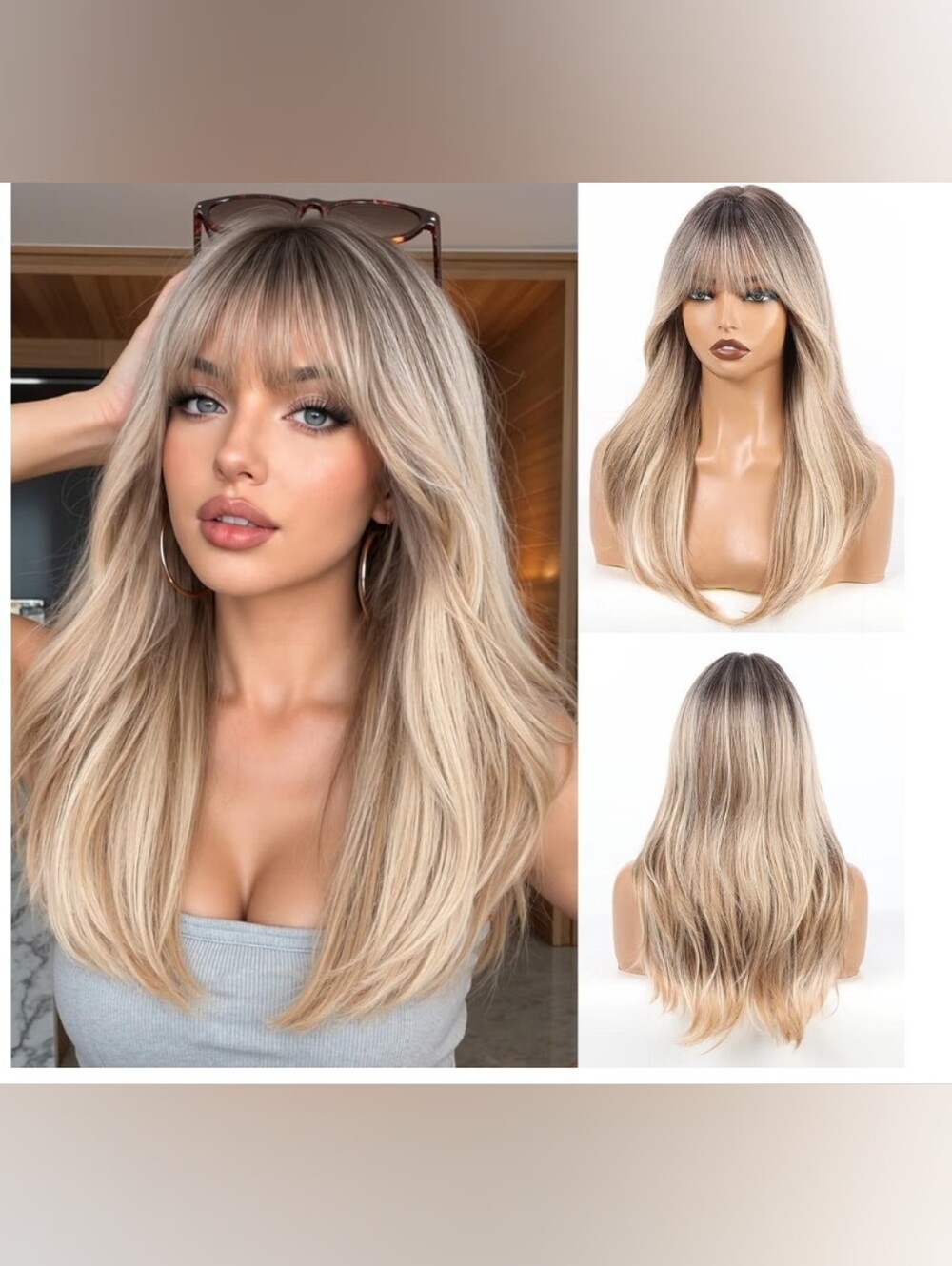 Wavy Layered Synthetic Wig With Bangs 3.5x2.5 Scalp Free Parting Ombre Brown 22"